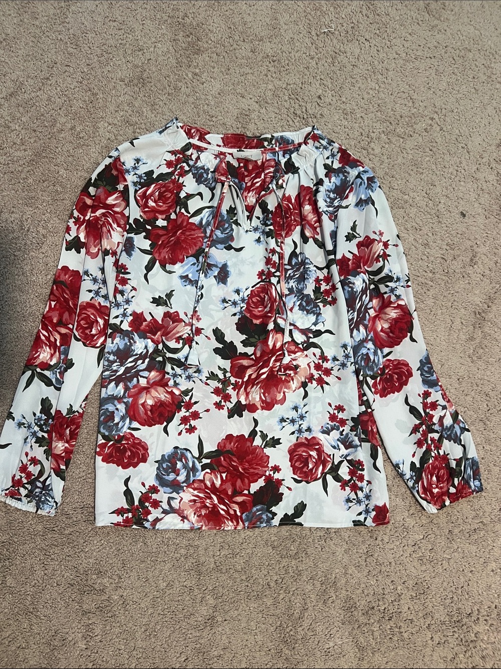 LOFT Women’s Floral Tie-Neck Blouse - Red/Blue Floral
